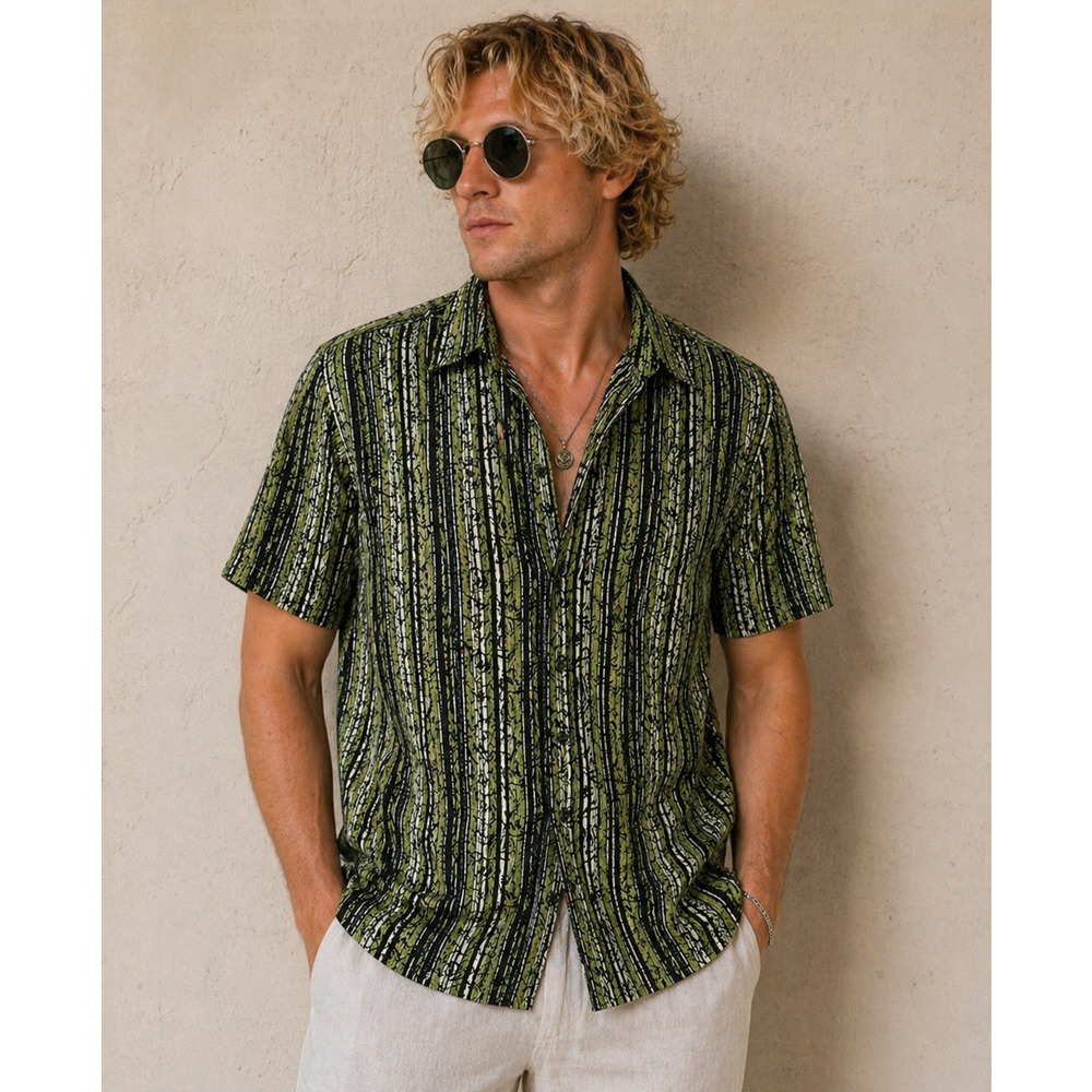 Crazy Horse Men Abstract Stripe Shirt Green Black Retro Y2K 90s Style  Indie XL